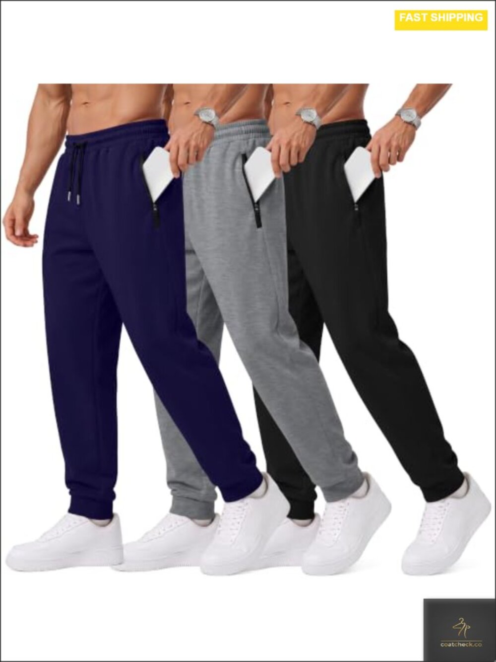 3 Pack Men's Joggers with Zipper Pockets, 65% Polyester 30% Cotton 5% Spandex